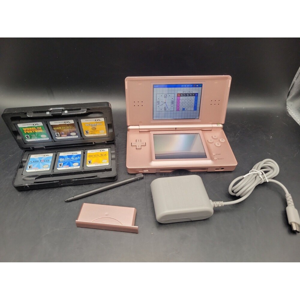 Nintendo DS Lite Pink Metallic Rose Console Bundle W/ Charger & 4 Games